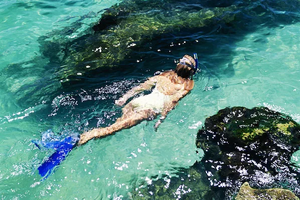 Snorkeling in crystal-clear turquoise water at Xel-Há Park near Secrets Akumal Riviera Maya in the Riviera Maya